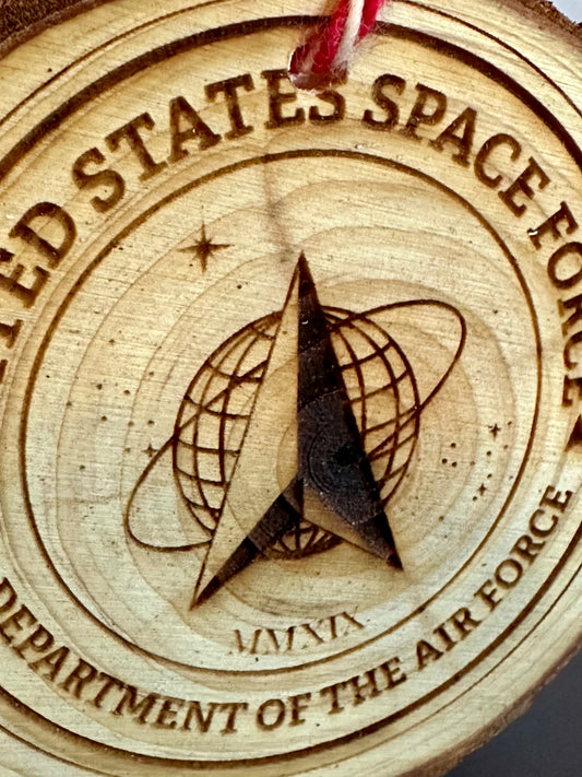 Engraved Live Edge Wooden Round Ornament - Space Force Seal