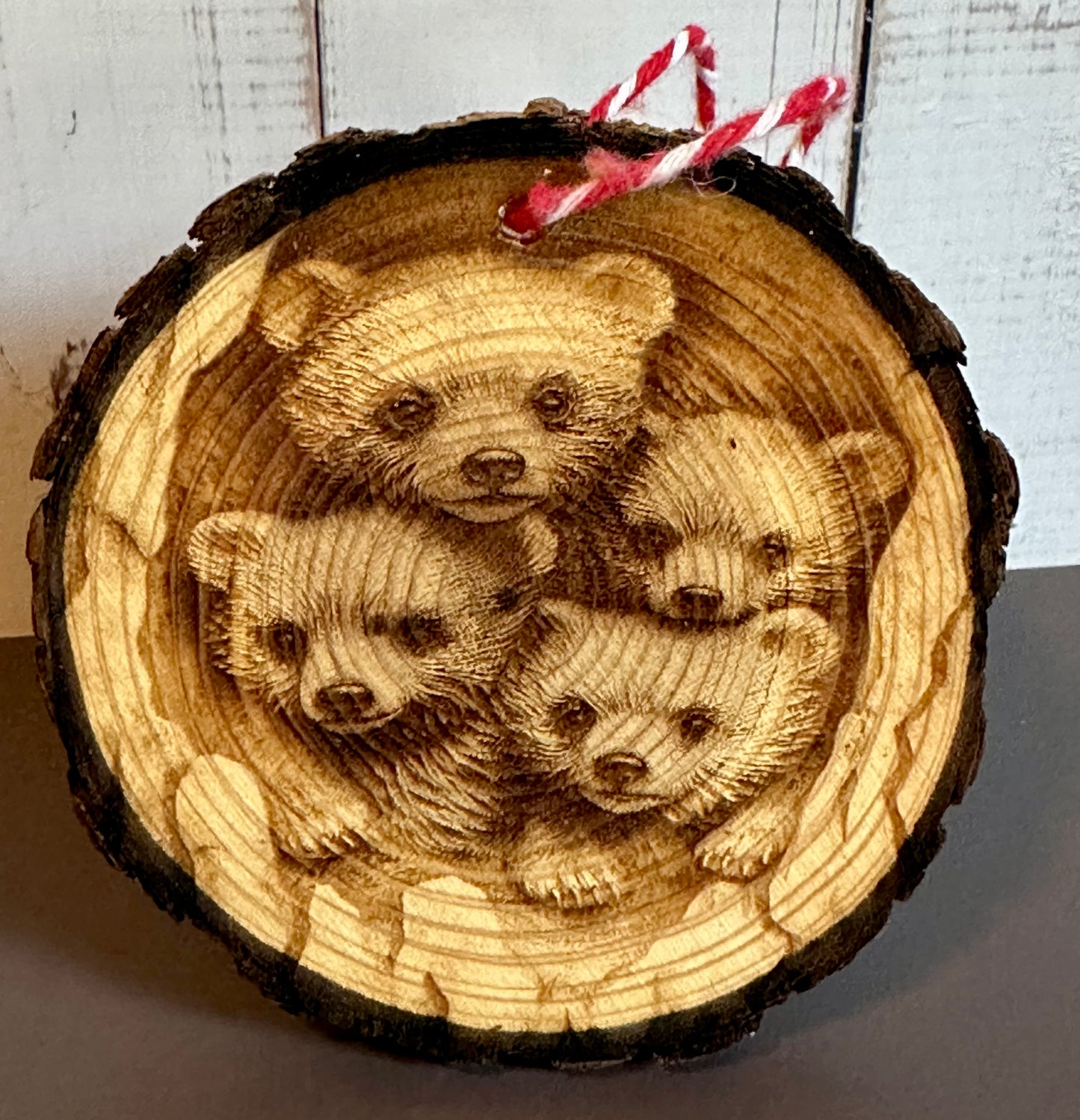 Engraved Live Edge Wooden Round Ornament - Four Bears in Tree