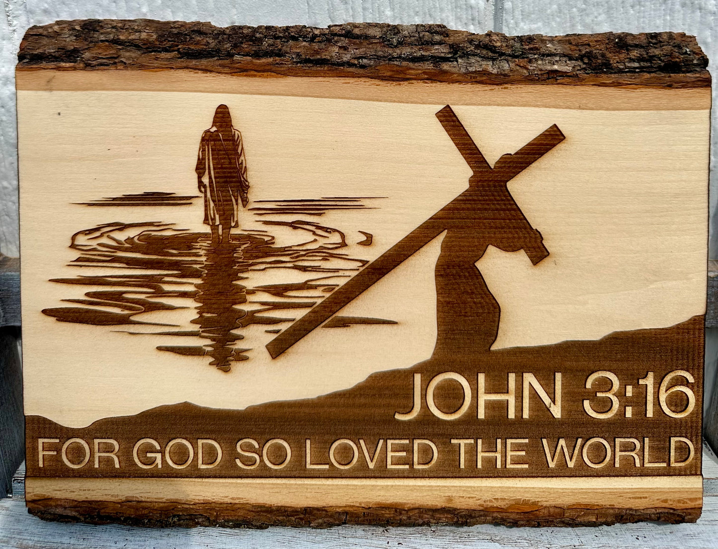 For God So Loved the World, Jesus with Cross Live Edge Rectangular Plaque