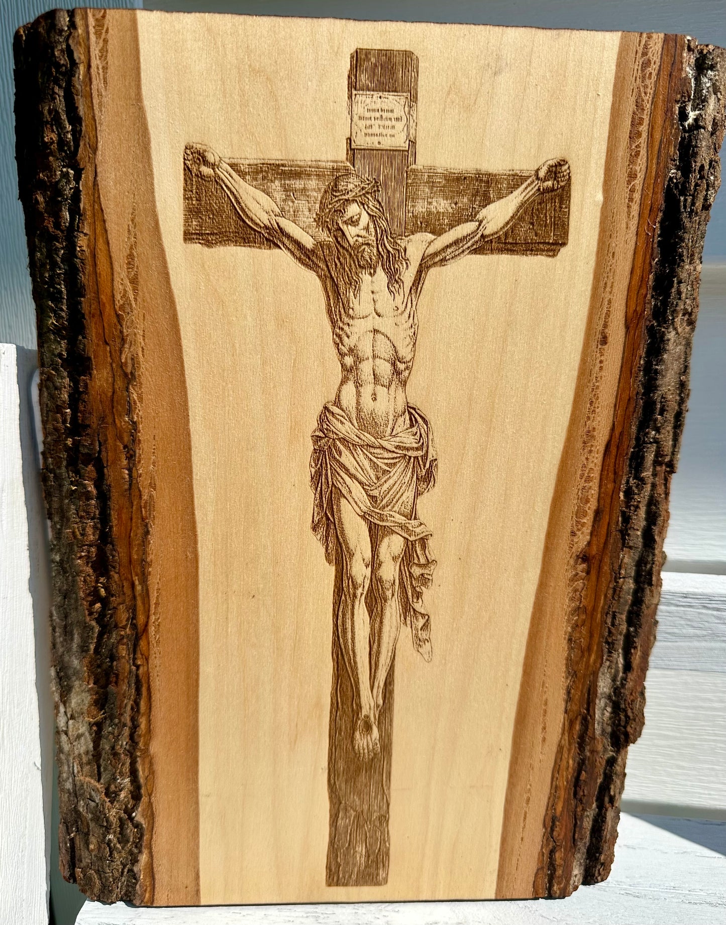 Jesus on Cross Live Edge Rectangular Plaque