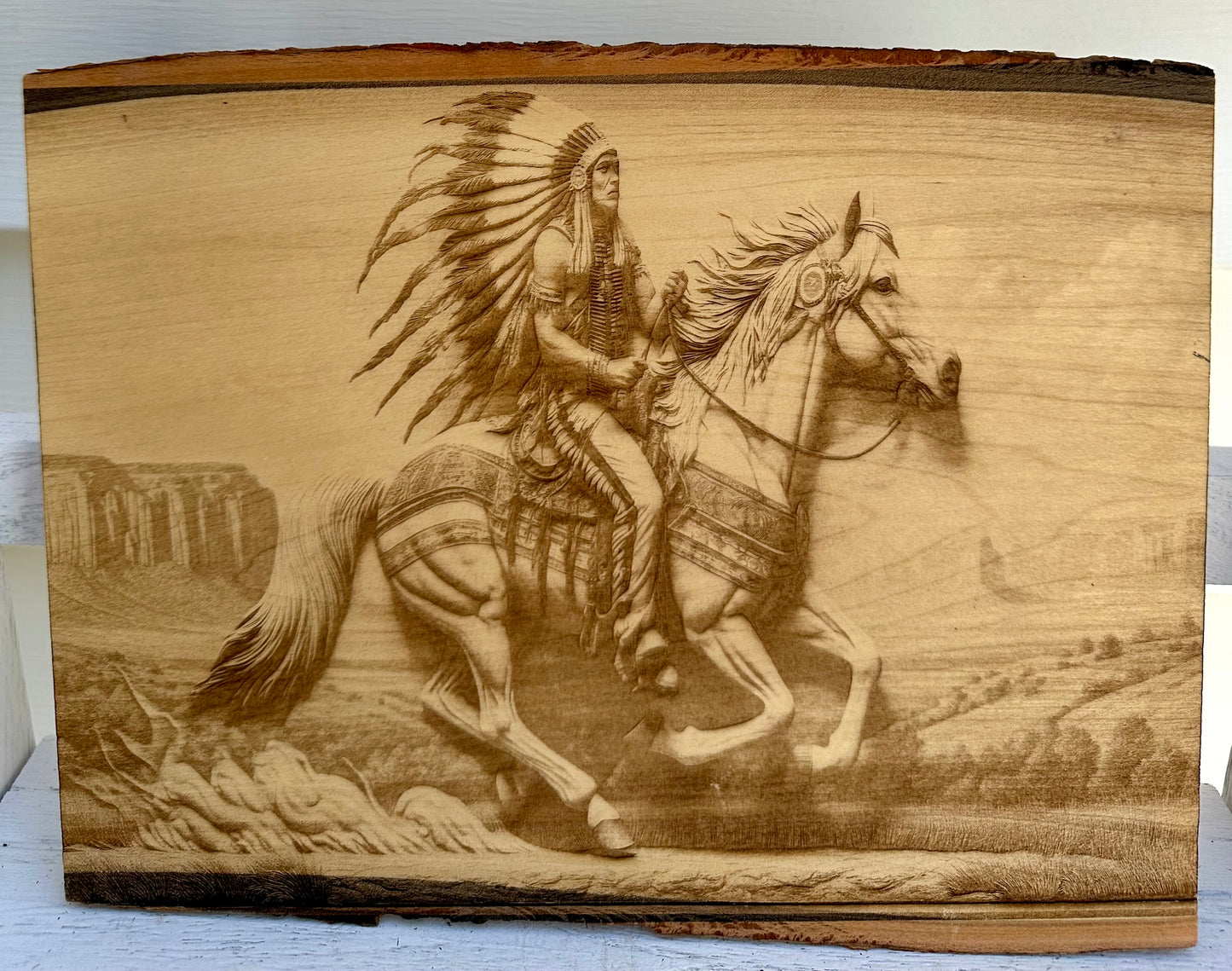 Native American with Headdress on Horse Live Edge Rectangular Plaque