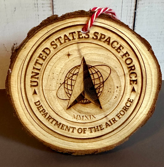 Engraved Live Edge Wooden Round Ornament - Space Force Seal