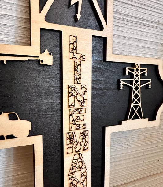 3D Layered and Engraved Wood Cross - Lineman