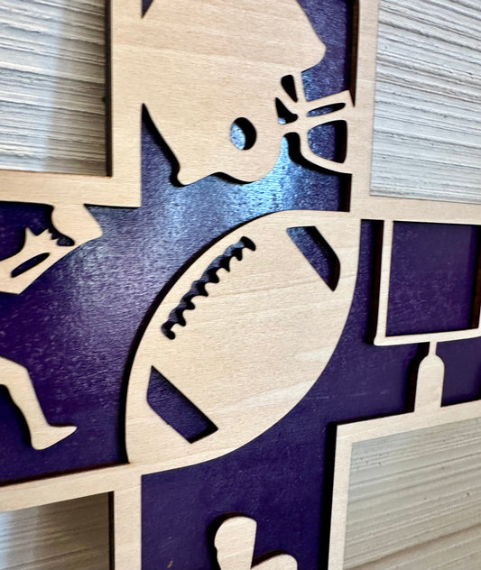 3D Layered and Engraved Wood Cross - Football