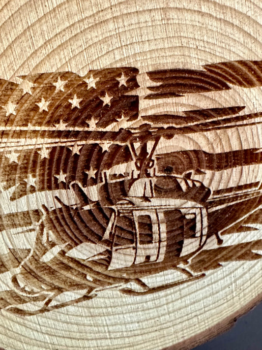 Engraved Live Edge Wooden Round Ornament - Huey Helicopter with Flag