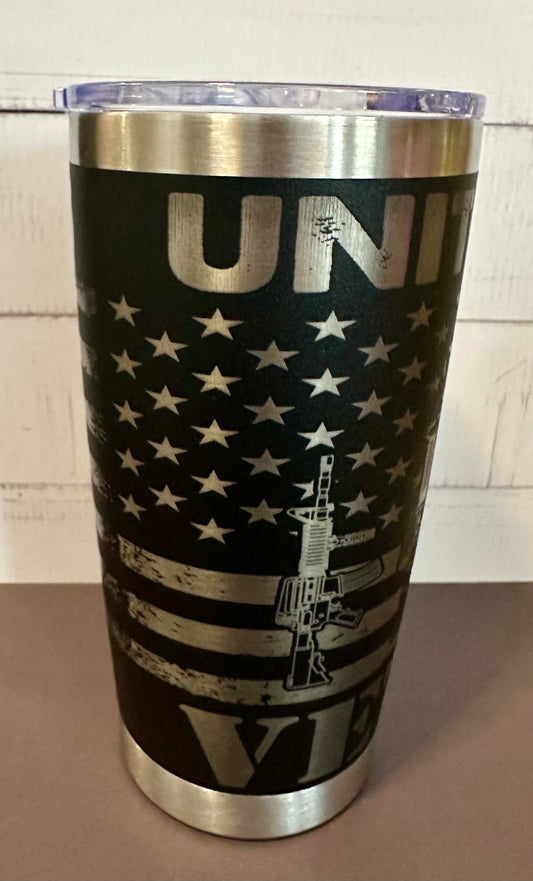 20oz. Insulated Travel Tumbler with Slide Lid - Black with Veteran and Guns