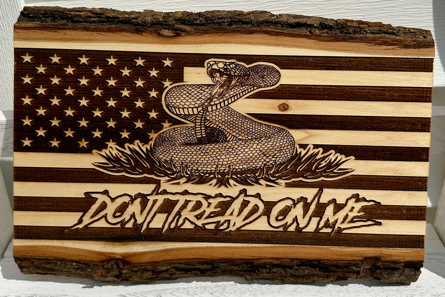 Patriotic Don’t Tread on Me Snake with Flag Live Edge Rectangular Plaque