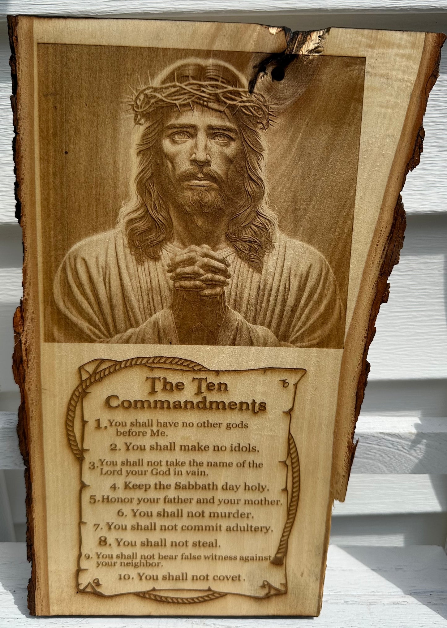Jesus and Ten Commandments Live Edge Rectangular Plaque