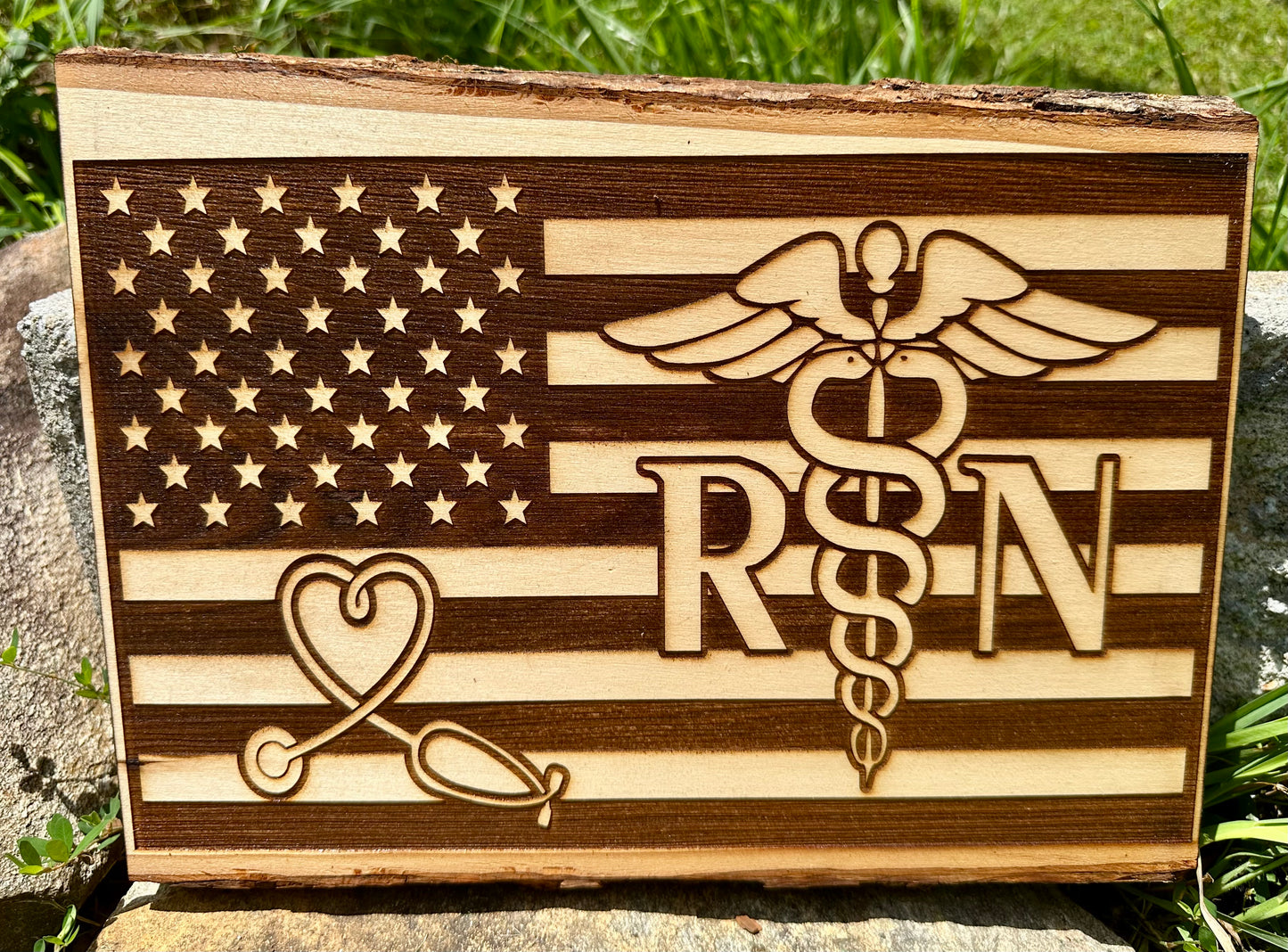 RN with Flag and Heart Live Edge Rectangular Plaque