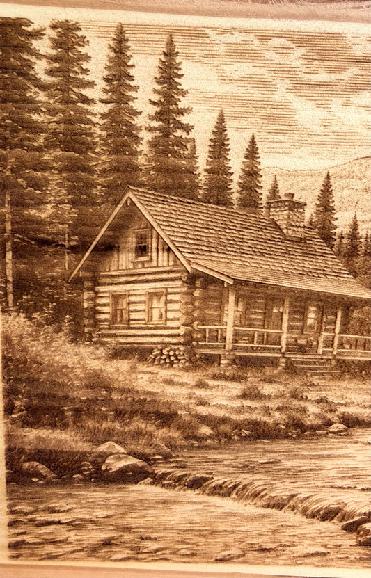 Plaque Live Edge Rectangular - Bear Near Log Cabin