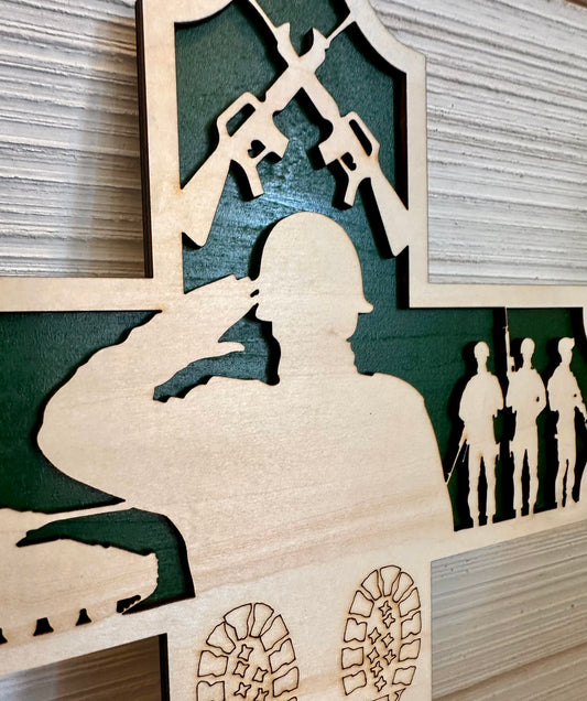 3D Layered and Engraved Wood Cross - Army