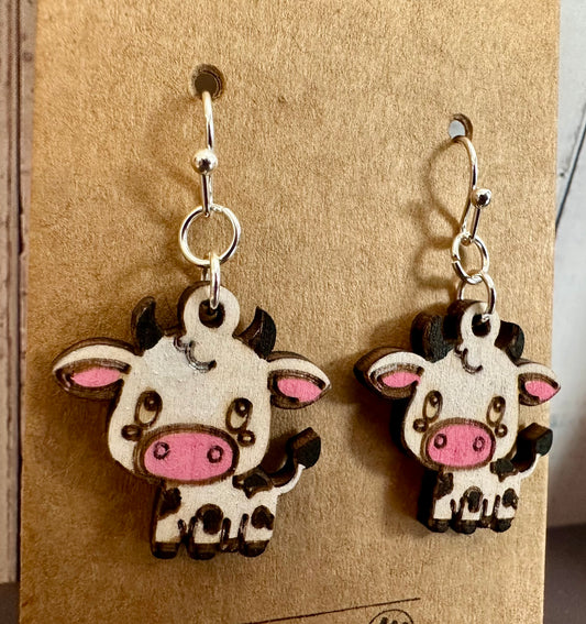 Wooden Engraved Dangle Earrings - Cow