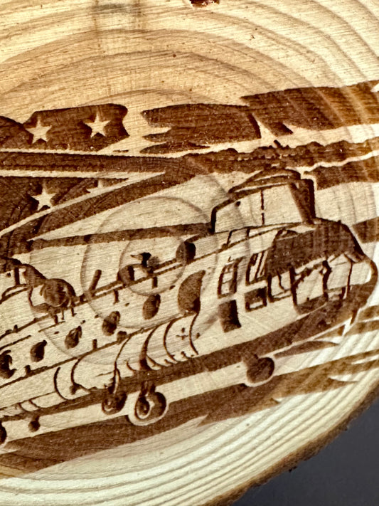 Engraved Live Edge Wooden Round Ornament - Chinook Helicopter with Flag