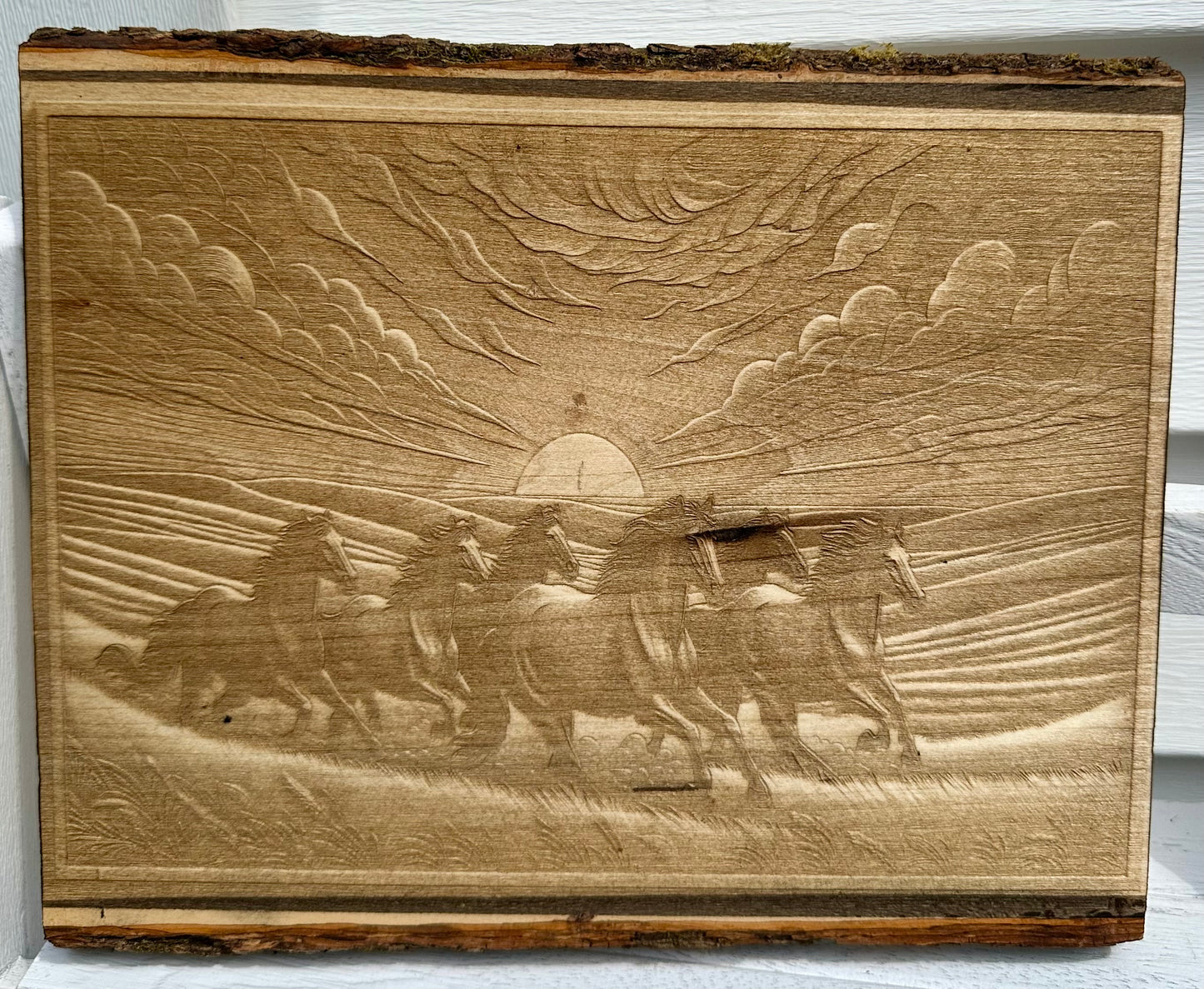 Six Running Horses with Open Sky Live Edge Rectangular Plaque