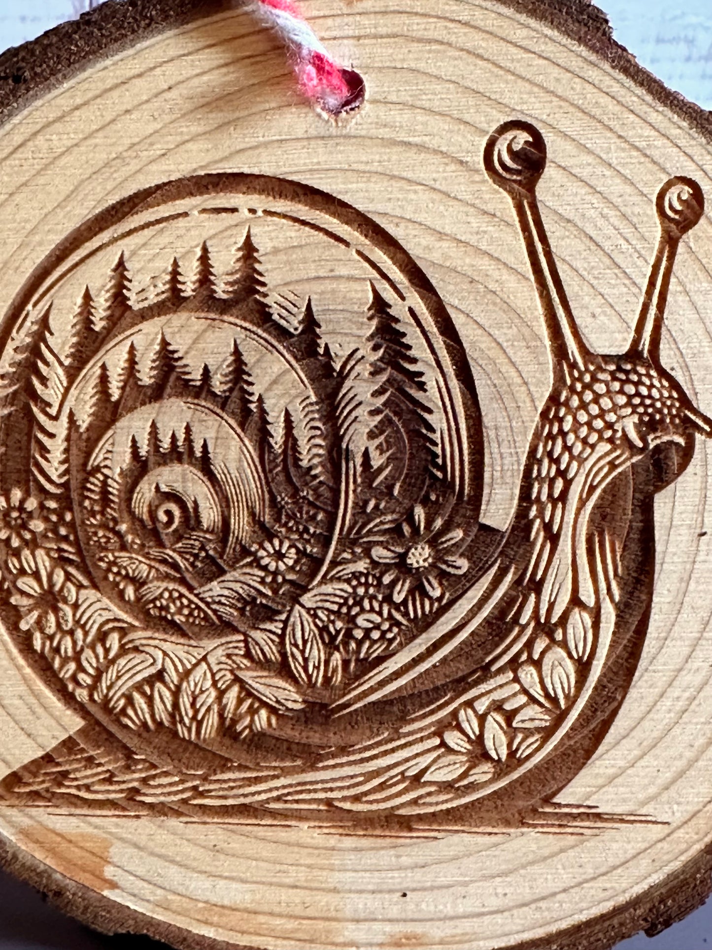 Engraved Live Edge Wooden Round Ornament - Snail with Inner Wilderness Scene
