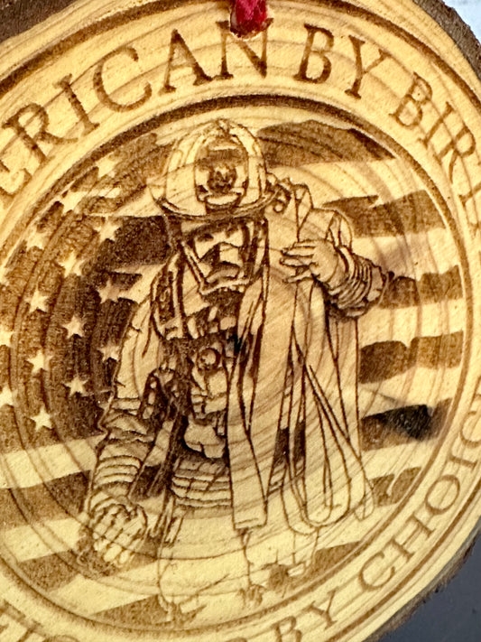 Engraved Live Edge Wooden Round Ornament - Firefighter By Choice