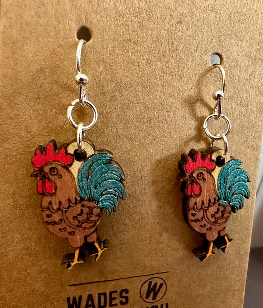 Wooden Engraved Dangle Earrings - Rooster