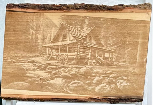 Creekside Log Cabin with Wagon Wheel Live Edge Rectangular Plaque