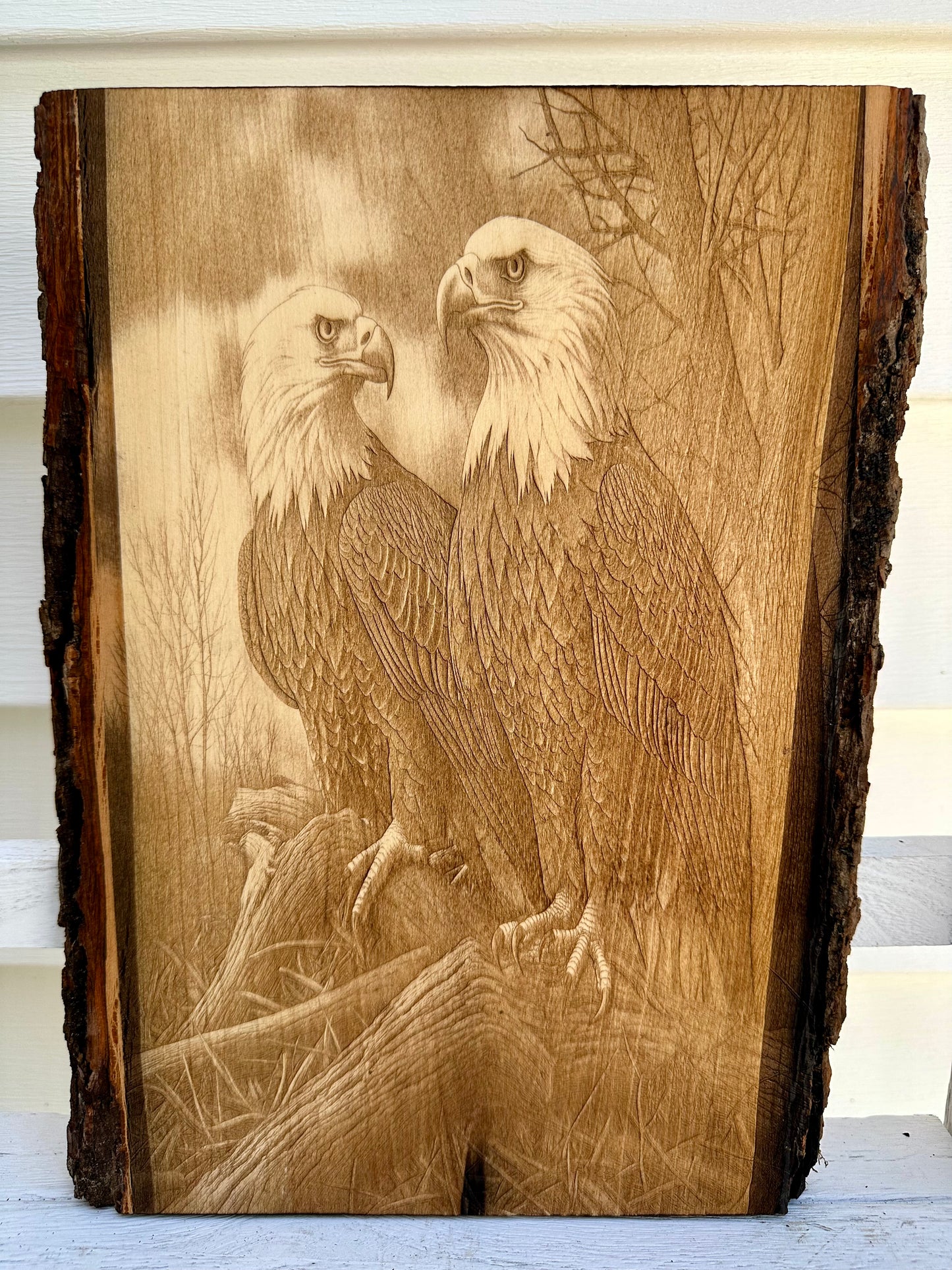 Two Perched Eagles Live Edge Rectangular Plaque