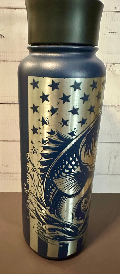 40oz. Insulated Water Bottle with Collapsible Straw Lid - Navy, Keep Calm and Go Fishing