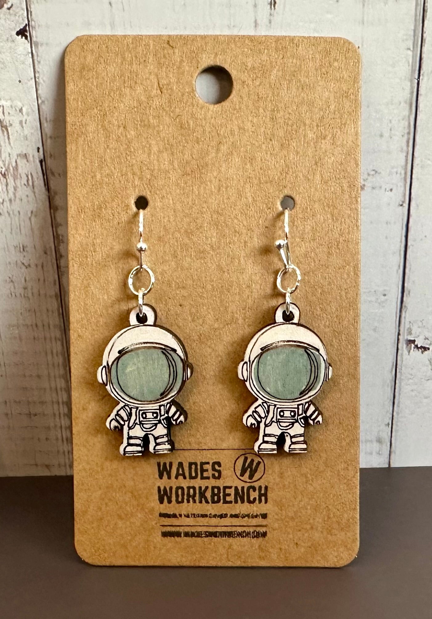 Wooden Engraved Dangle Earrings - Astronaut (One Pair)
