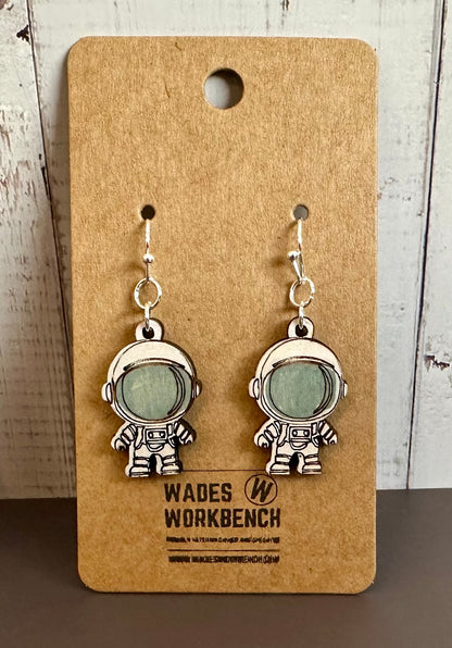 Wooden Engraved Dangle Earrings - Astronaut (One Pair)