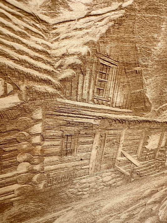 Creekside Log Cabin with Wagon Wheel Live Edge Rectangular Plaque