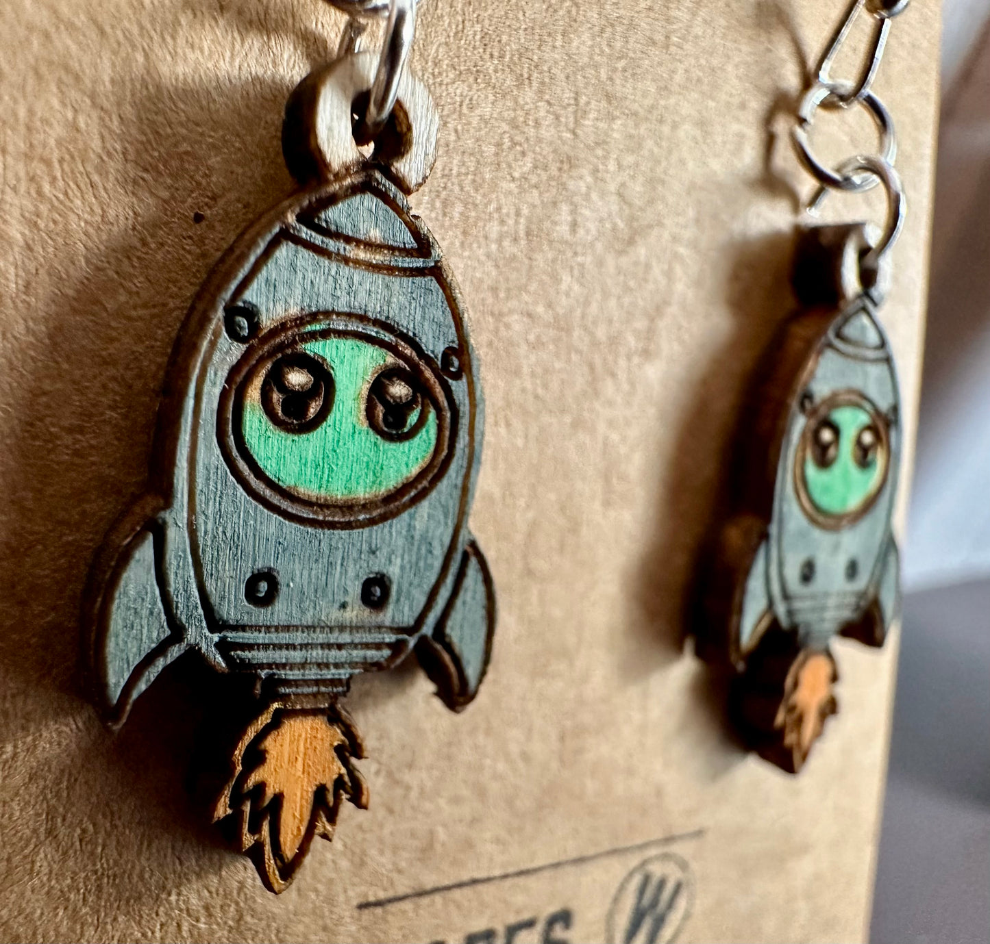 Wooden Engraved Dangle Earrings - Rocketship