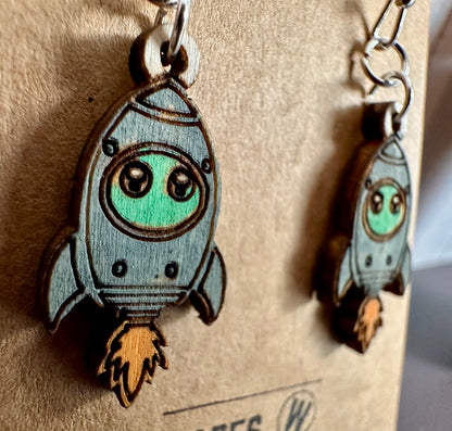 Wooden Engraved Dangle Earrings - Rocketship
