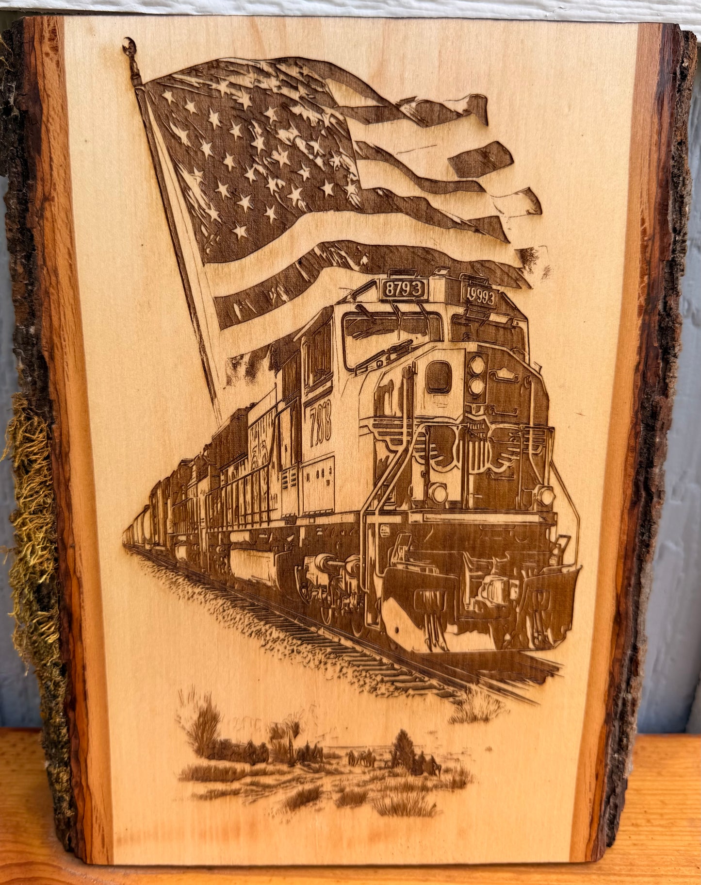Plaque Live Edge Rectangular - Train 8793 with Flag and Desert Road