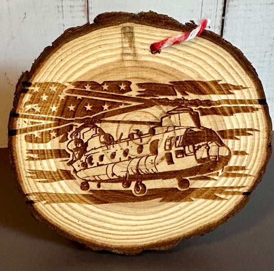 Engraved Live Edge Wooden Round Ornament - Chinook Helicopter with Flag