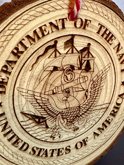 Engraved Live Edge Wooden Round Ornament - Navy Seal