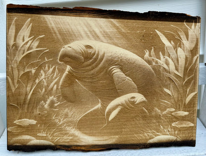 Manatee Family Live Edge Rectangular Plaque