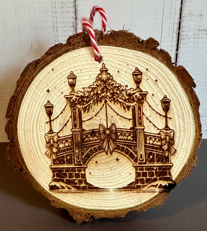 Engraved Live Edge Wooden Round Ornament - Ornate Christmas Bridge