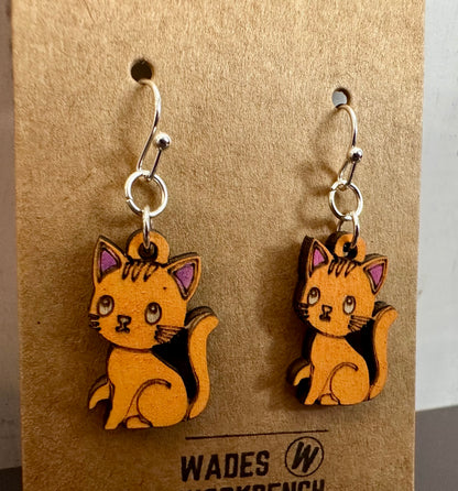Wooden Engraved Dangle Earrings - Orange Cat