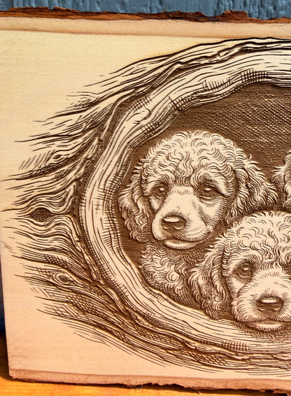 Plaque Live Edge Rectangular - Three Puppies in Tree
