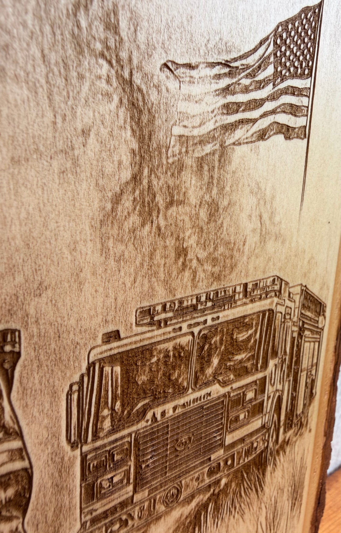 Plaque Live Edge Rectangular - Firefighter with Firetruck and Flag