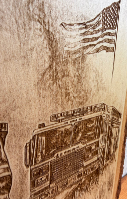 Plaque Live Edge Rectangular - Firefighter with Firetruck and Flag