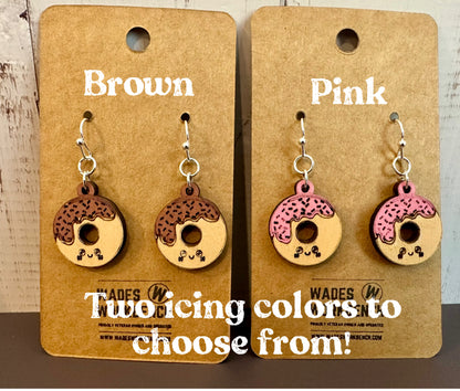 Wooden Engraved Dangle Earrings - Donut (One Pair)