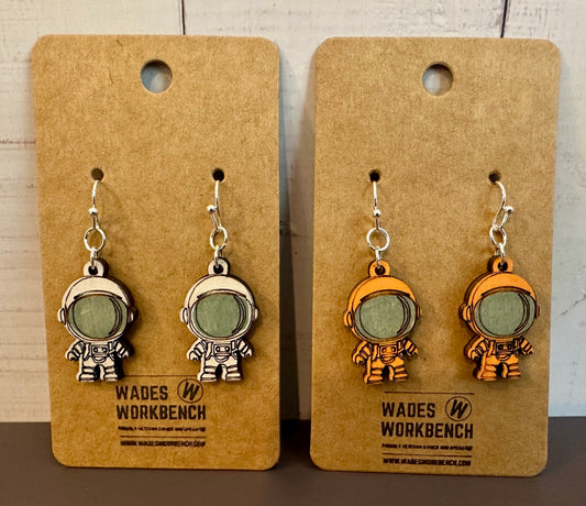 Wooden Engraved Dangle Earrings - Astronaut (One Pair)