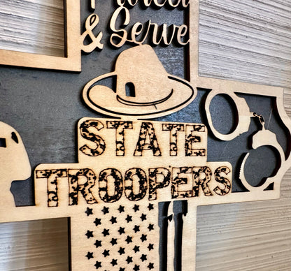 3D Layered and Engraved Wood Cross - State Trooper