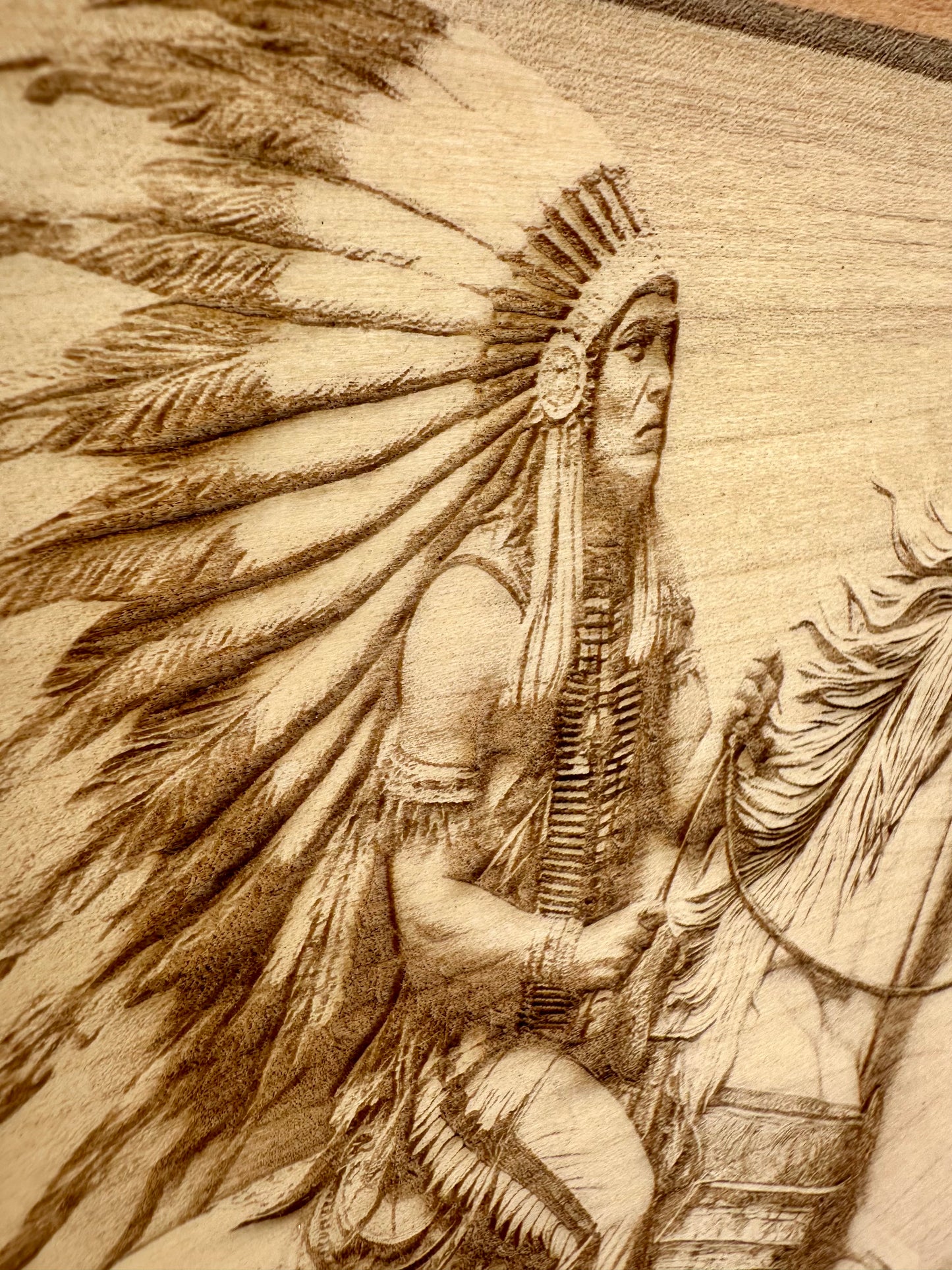 Native American with Headdress on Horse Live Edge Rectangular Plaque