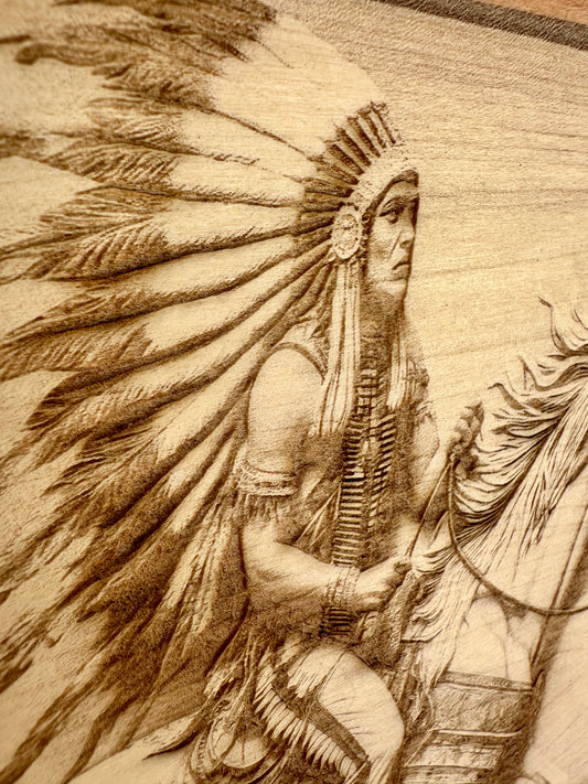 Native American with Headdress on Horse Live Edge Rectangular Plaque