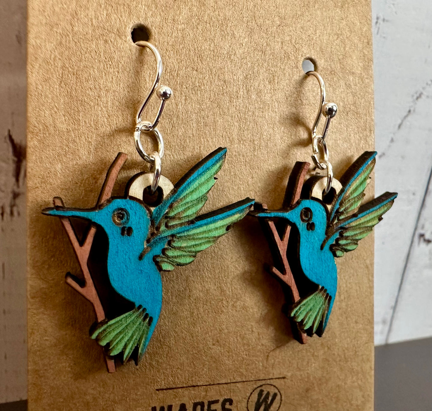 Wooden Engraved Dangle Earrings - Hummingbird