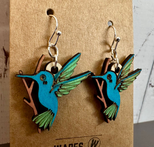 Wooden Engraved Dangle Earrings - Hummingbird