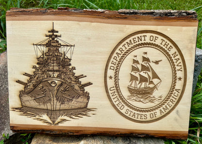 Military Navy Seal with Naval Ship Live Edge Rectangular Plaque