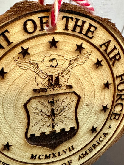 Engraved Live Edge Wooden Round Ornament - Air Force Seal