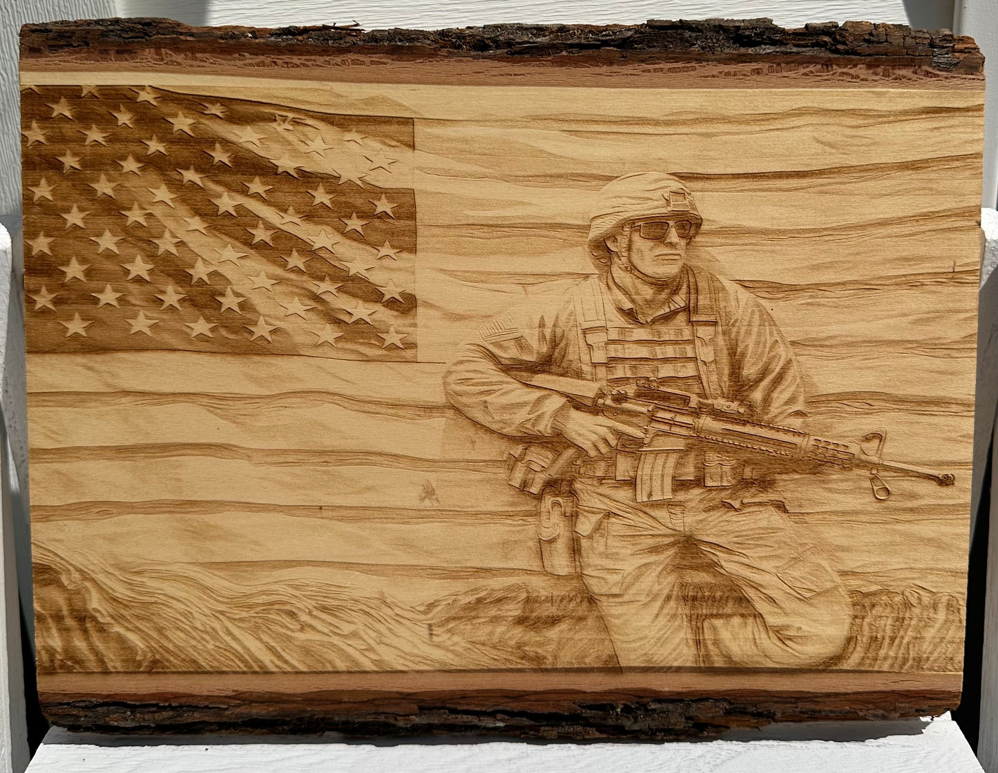 Military Soldier with Flag Background Live Edge Rectangular Plaque