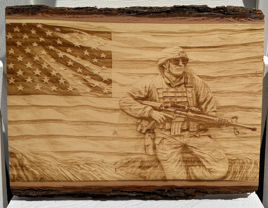 Military Soldier with Flag Background Live Edge Rectangular Plaque