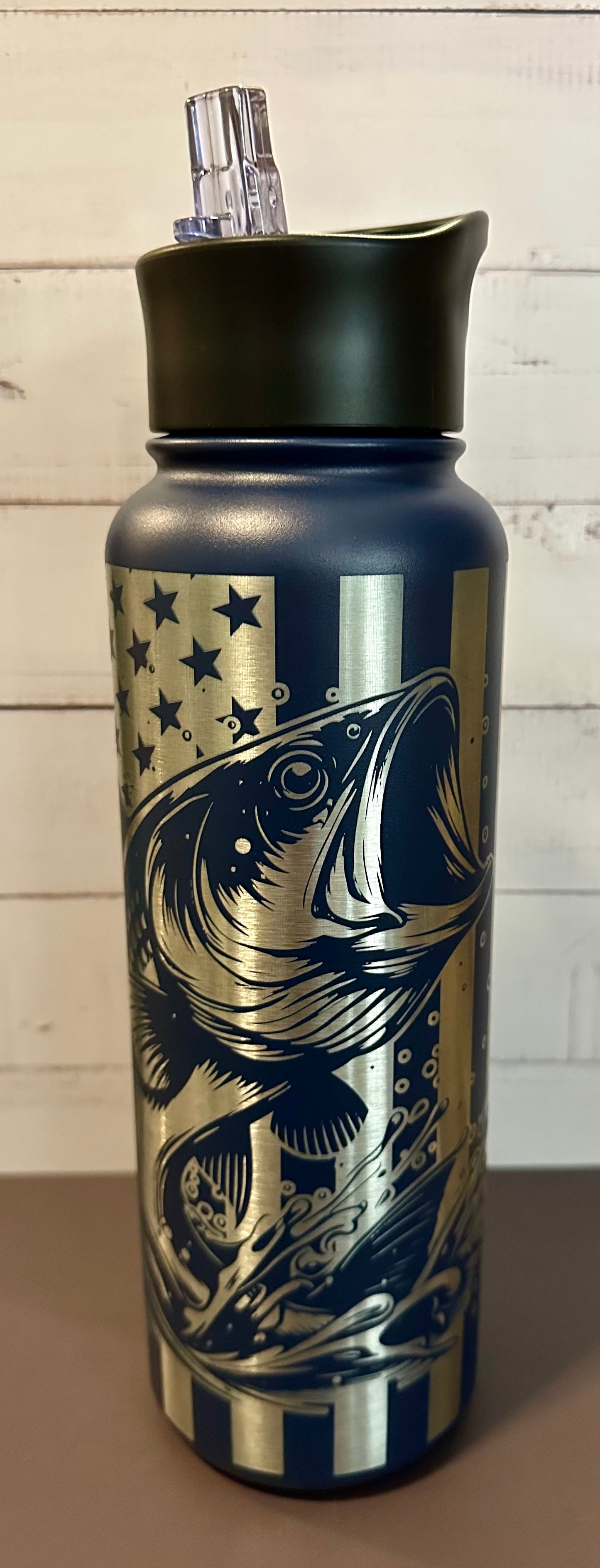 40oz. Insulated Water Bottle with Collapsible Straw Lid - Navy, Keep Calm and Go Fishing